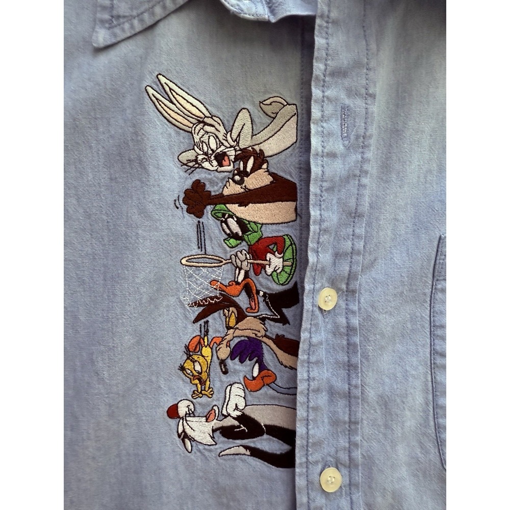 Vintage 90s Warner Bros Looney Tunes Button Up Men's Large Embroidered Classic - Picture 2 of 10